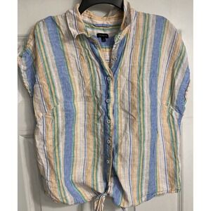 Talbots 100% Linen Tie Front‎ Blouse Womens Large Striped Beach Boxy Button Up